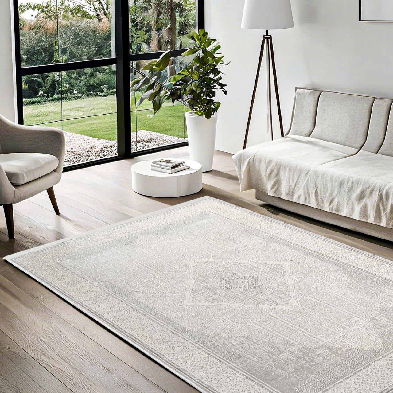 Beyaz Gri Eskitme Göbekli Halı - Yıkanabilir - Kaymaz Taban - Pati Dostu