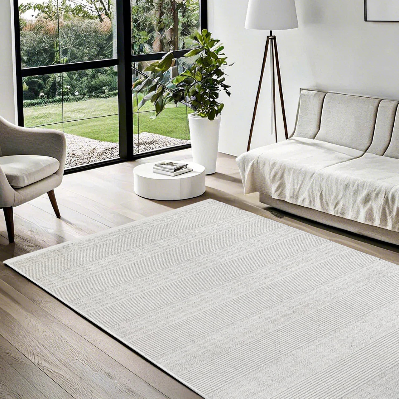 Beyaz Gri Minimalist Modern Halı - Yıkanabilir - Kaymaz Taban - Pati Dostu