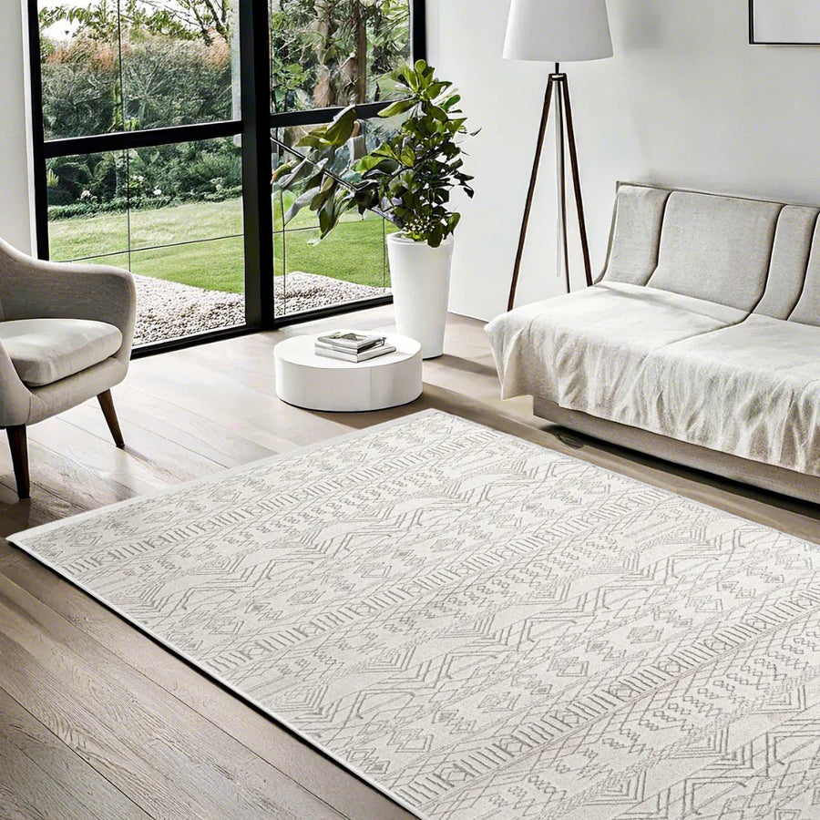 Dijital Baskı Halı Etnik Geometrik Desenli Açık Gri – Salon kullanımı