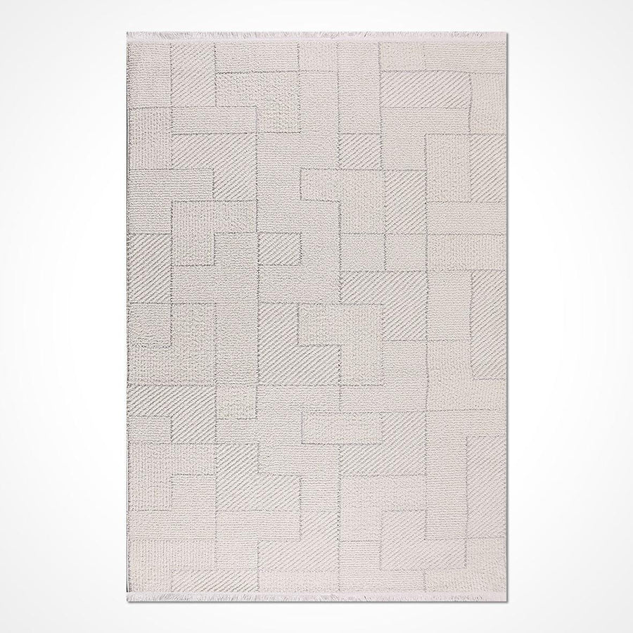 Krem Dokulu Geometrik Triko Halı - Pati Dostu - Toz Vermez