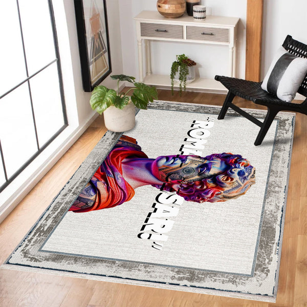 Modern Ekru Krem Soyut Desenli Polyester Salon Halısı
