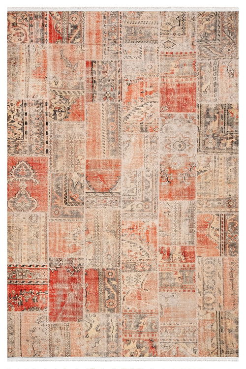 Mina Brezice Kahverengi Patchwork Pamuk ve Şönil Dijital Baskı Halı 120x120 Saçaklı