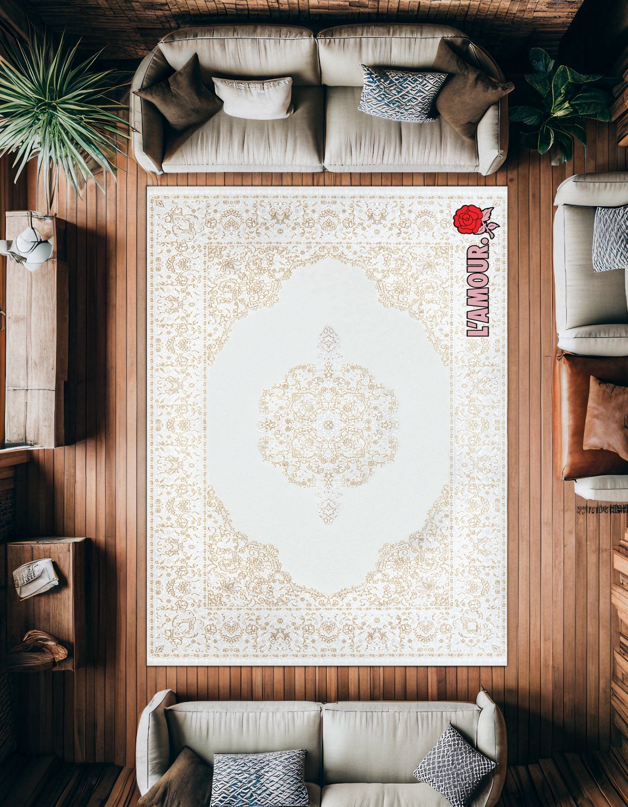 Beyaz Bej Klasik Madalyonlu Salon Halısı - Polyester