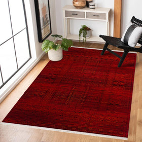 Kırmızı Siyah Etnik Modern Halı - Yıkanabilir - Kaymaz Taban - Pati Dostu