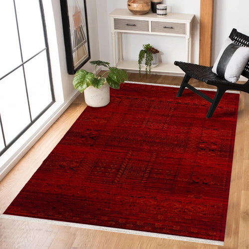 Kırmızı Etnik Modern Etnik Desenli Halı  | Makinada Yıkanabilir | Hav Toz Vermez | Leke Tutmayan | Kaymaz Taban | Dijital Makine Baskı | Salon Yolluk Mutfak Halısı