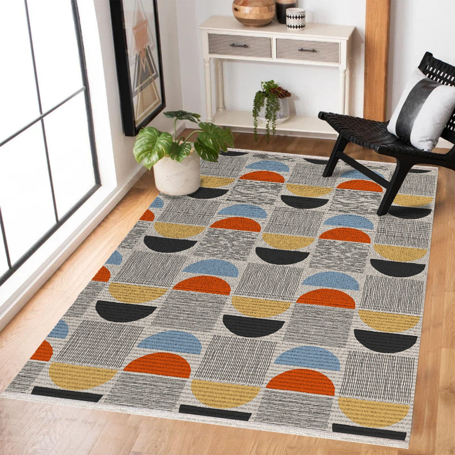 Modern Krem Siyah Geometrik Desenli Polyester Salon Halısı