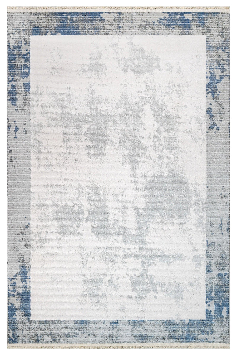 Weißer Teppich mit abstraktem Muster in Blau – im Wohnzimmer