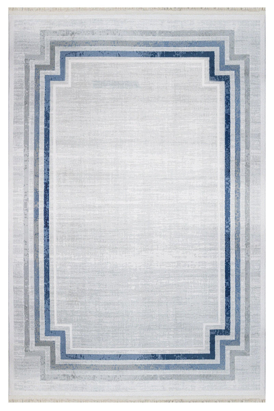 Moderner Teppich in Weiß & Blau mit geometrischem Muster – im Wohnzimmer