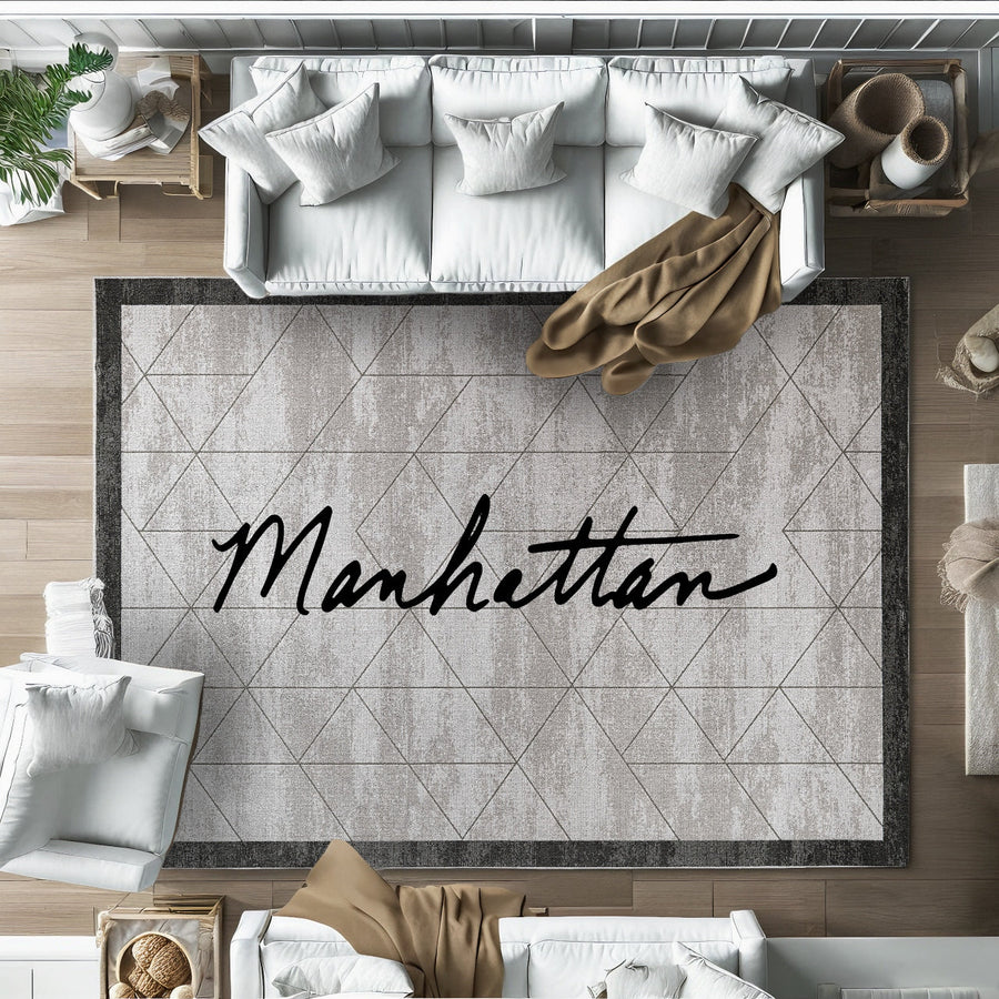 Modern Krem Antrasit Gri Geometrik Desenli Polyester Salon Halısı
