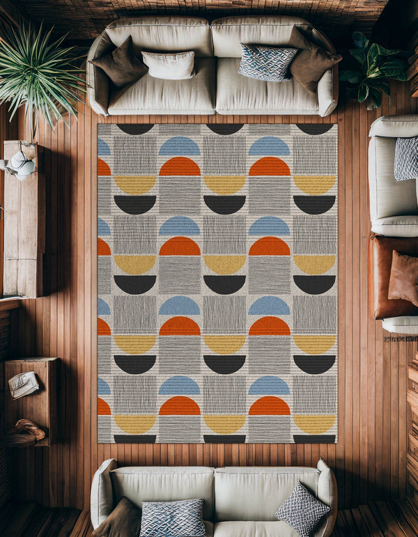 Modern Krem Siyah Geometrik Desenli Polyester Salon Halısı