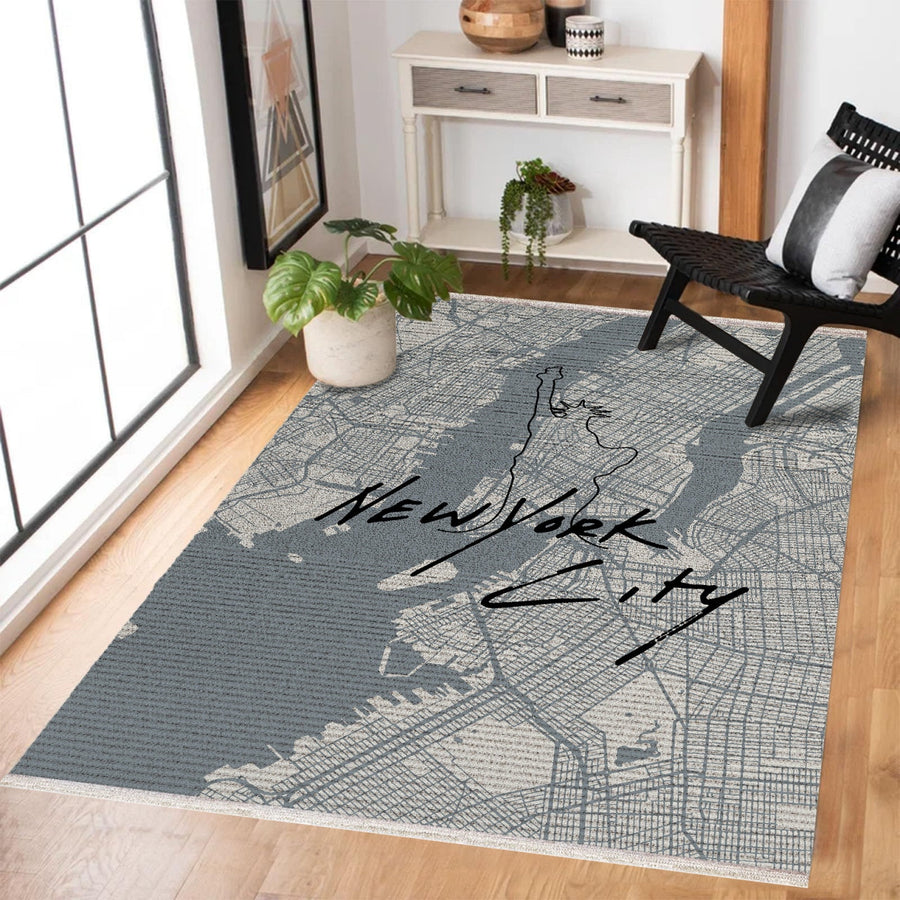 Modern Gri Etnik Desenli Polyester Salon Halısı