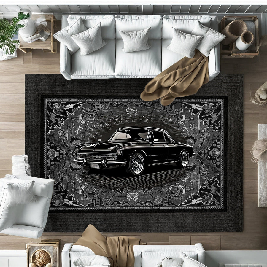 Siyah Retro Klasik Araba Desenli Halı