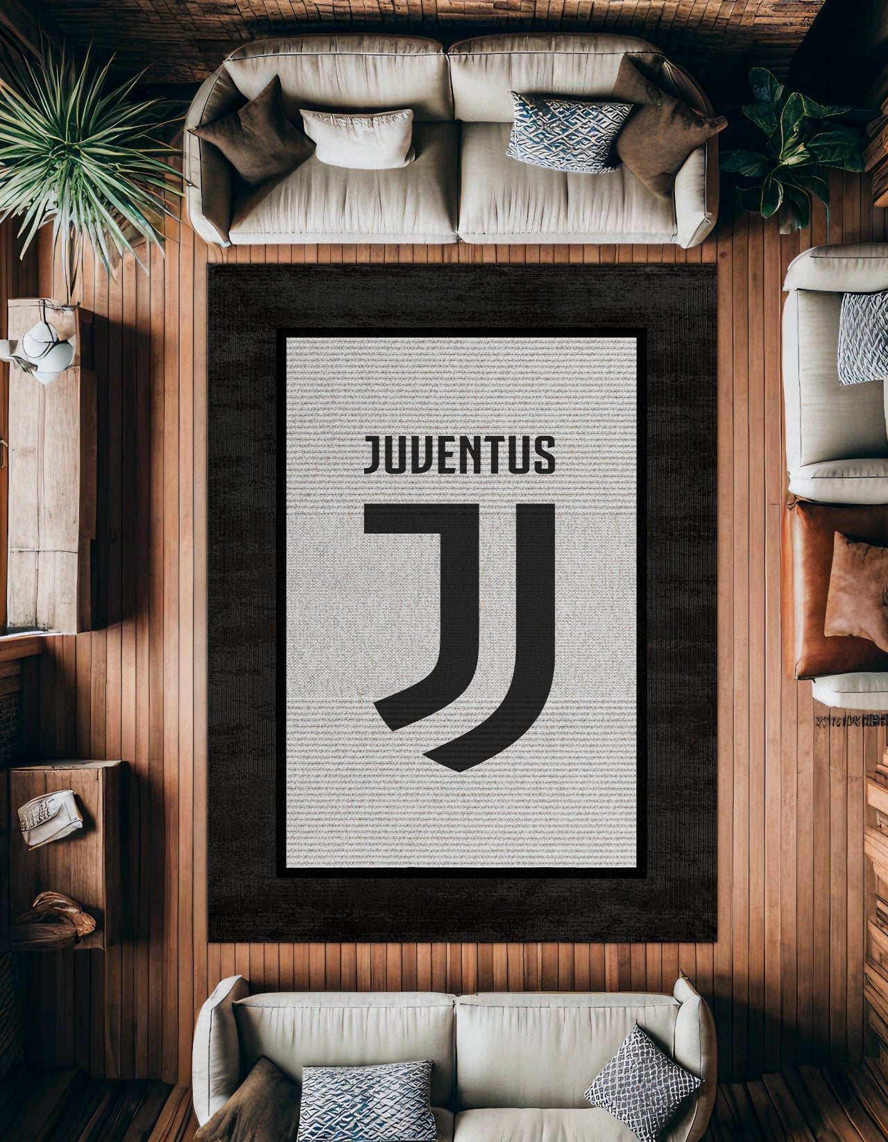 Gri Siyah Modern Salon Halısı Juventus logosu - Polyester
