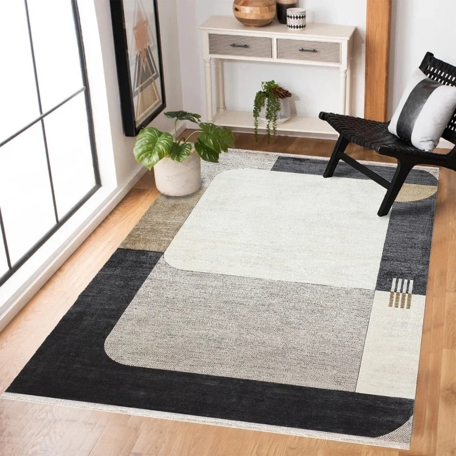 Gri Krem Geometrik Modern Halı - Yıkanabilir - Kaymaz Taban - Pati Dostu