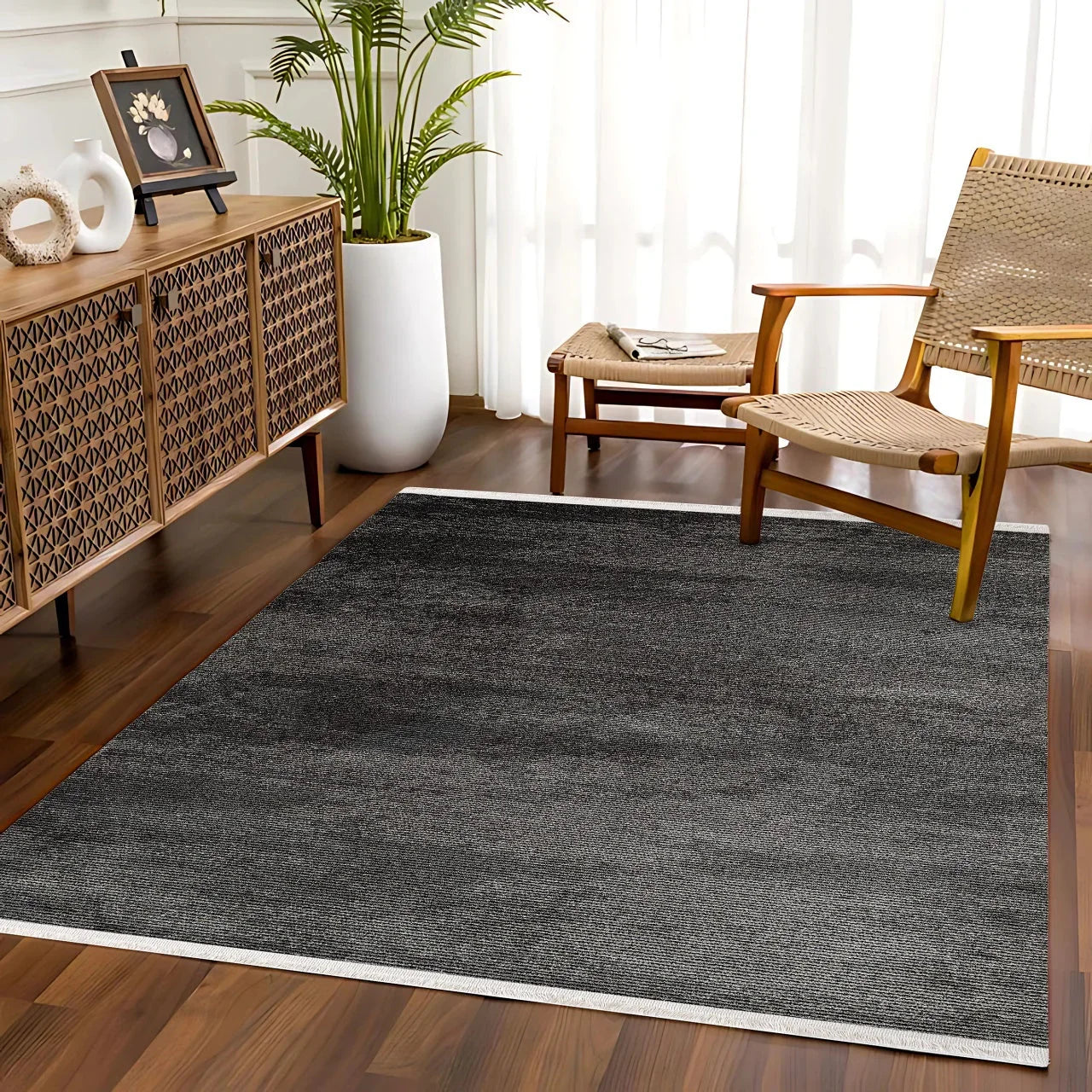 Antrasit Gri Dokulu Minimalist Halı - Yıkanabilir - Kaymaz Taban - Pati Dostu