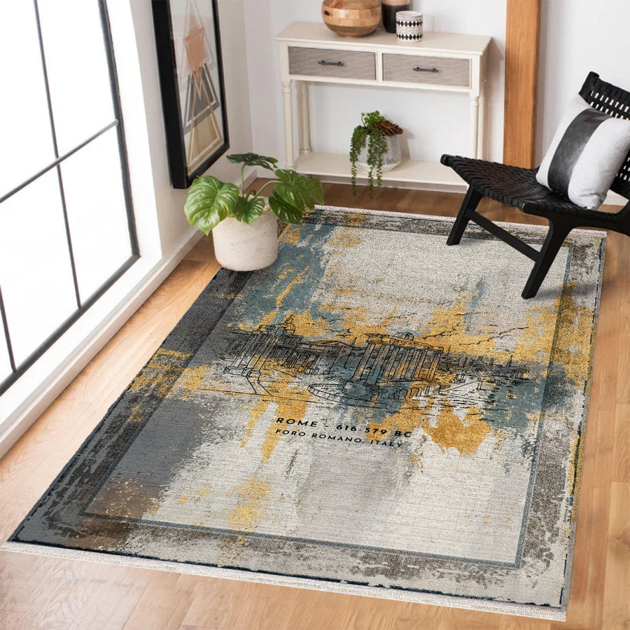 Modern Ekru Soyut Desenli Polyester Salon Halısı