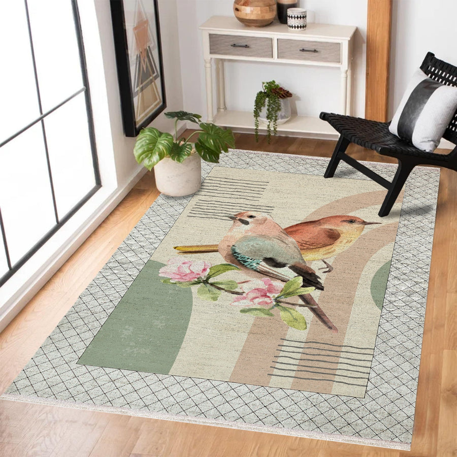 Modern Ekru Çiçekli Desenli Polyester Çocuk Odası Halısı
