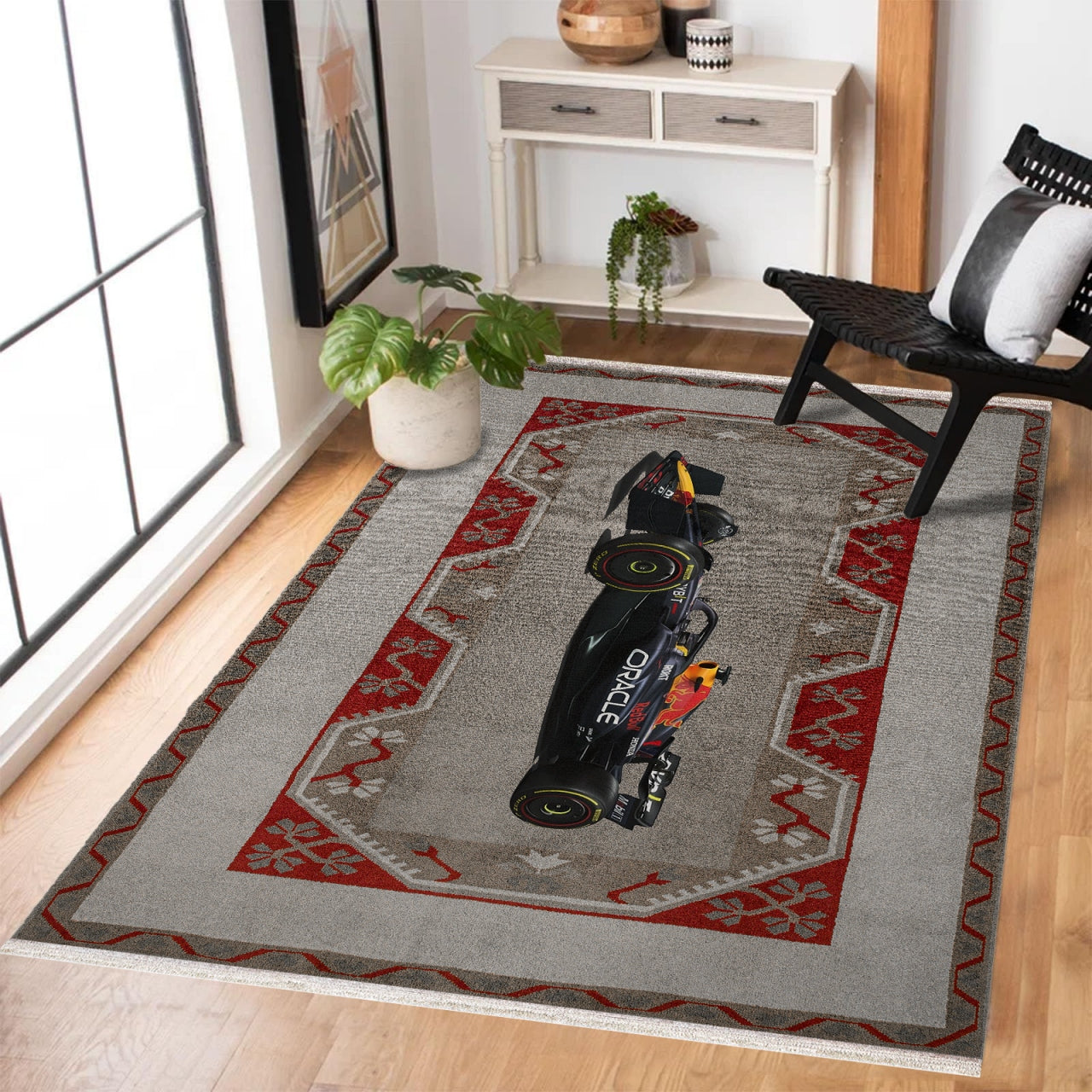 Modern Koyu Gri Geometrik Desenli Polyester Salon Halısı