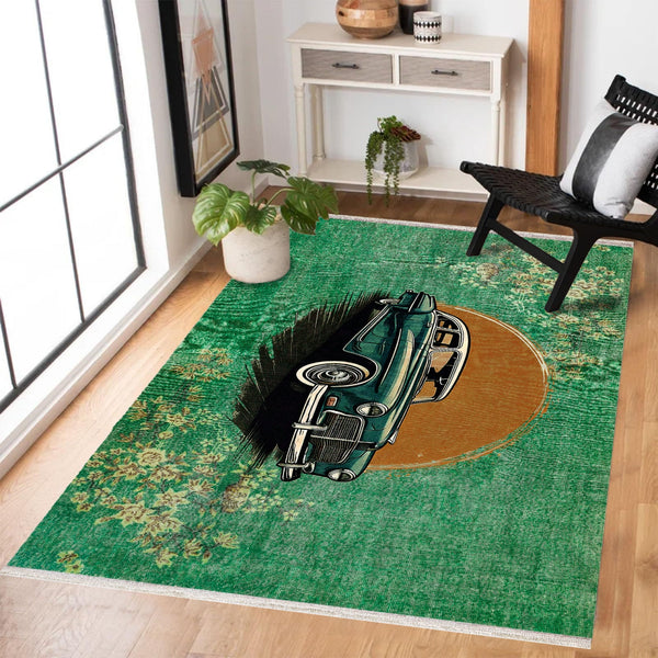 Yeşil Retro Klasik Araba Desenli Halı