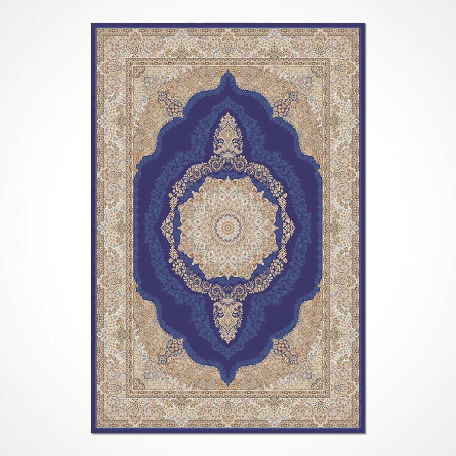 Mavi Bordürlü Geleneksel Stil Triko Halı - Pati Dostu - Toz Vermez