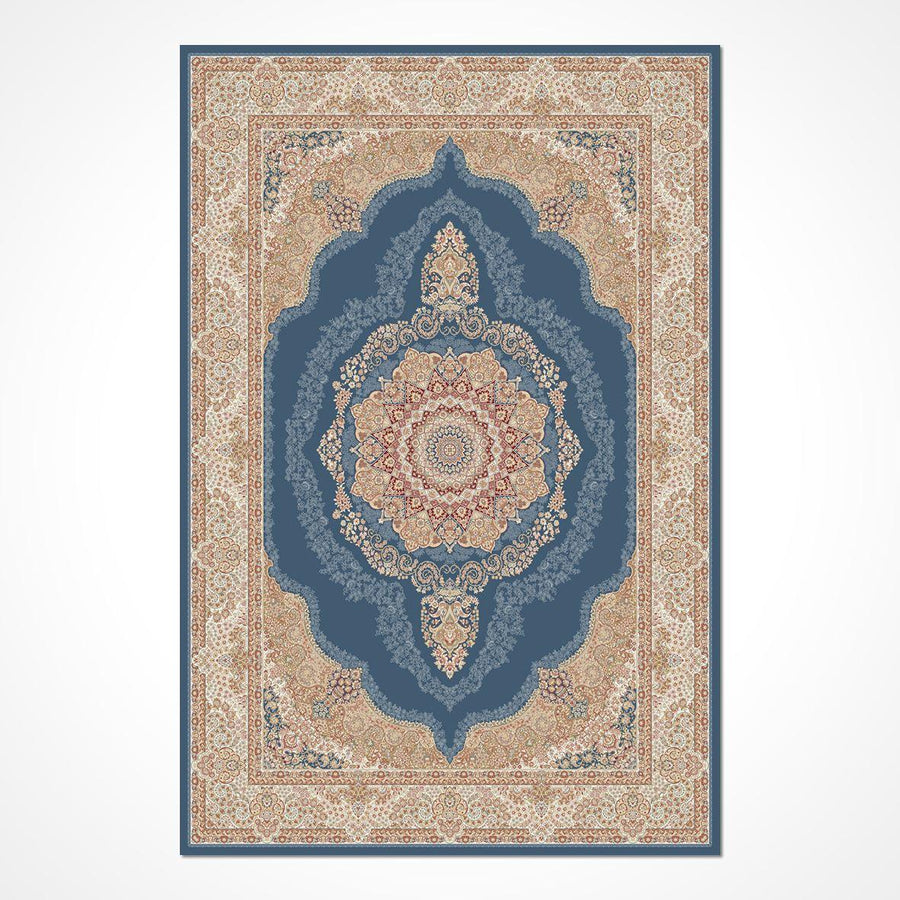 Mavi Bordürlü Geleneksel Stil Triko Halı - Pati Dostu - Toz Vermez