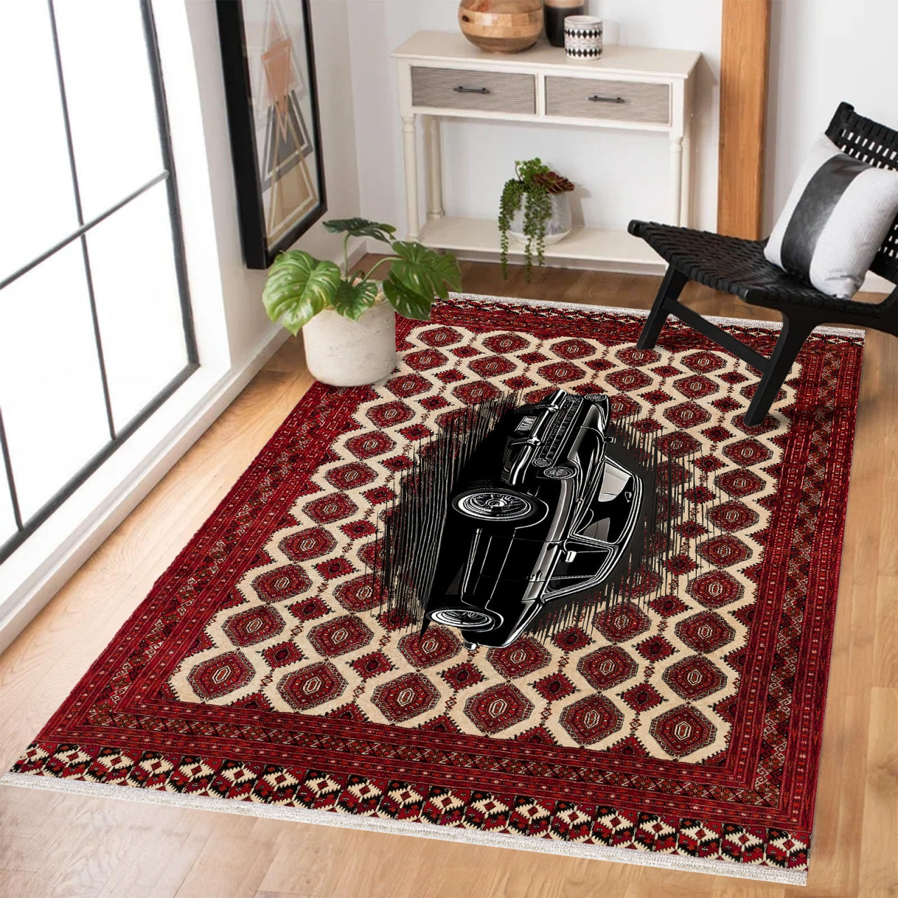 Bordo Retro Klasik Araba Desenli Halı