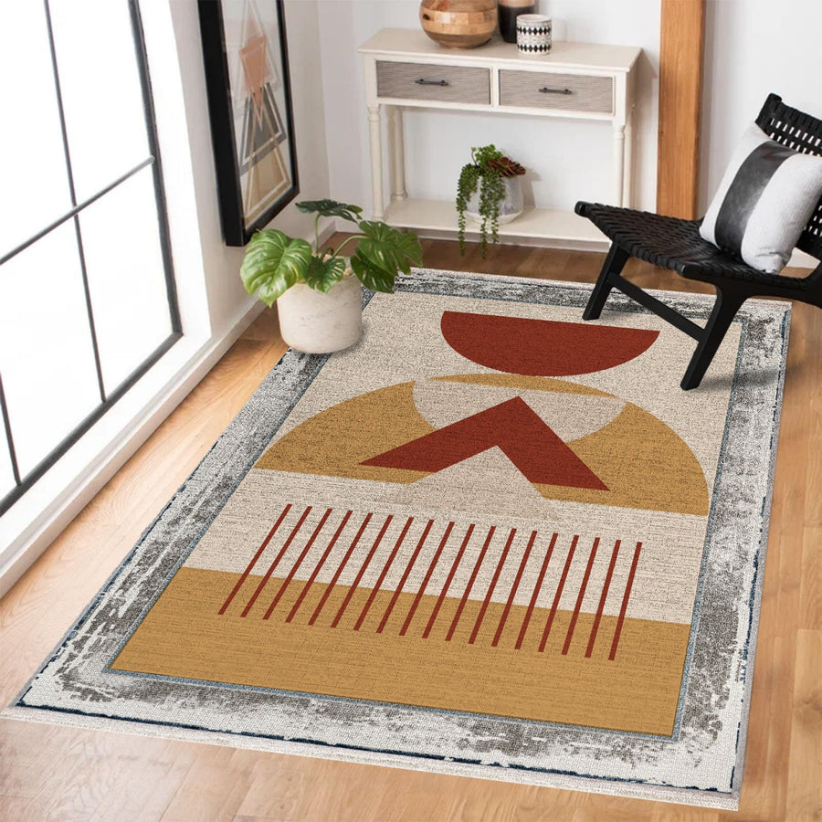 Modern Gri Çerçeveli Desenli Polyester Salon Halısı