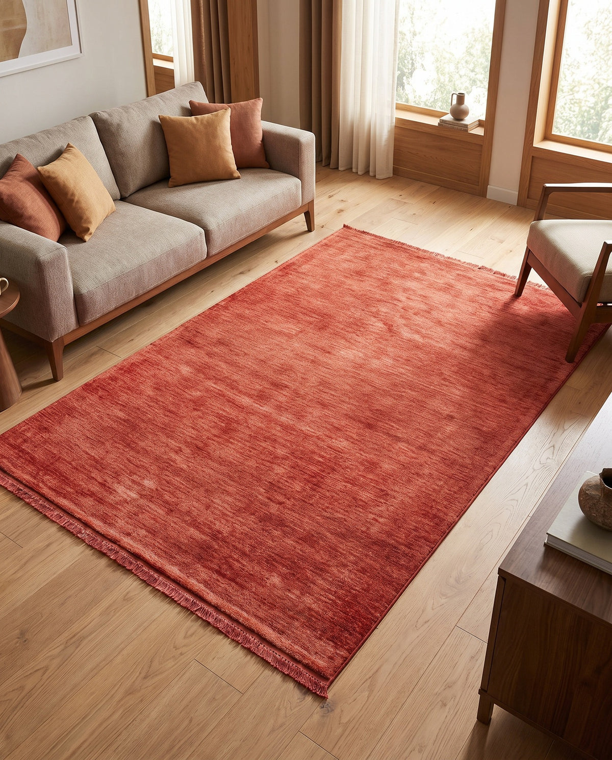 Outlet Makine Dokuma Kalın Havlı Halı Kırmızı Desensiz 160x230 cm - oda içinde görünüm (AI destekli görsel, gerçek ürün deseni) [mockup:15410594545978]