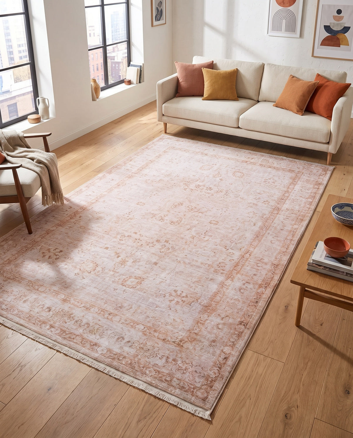 Outlet Makine Dokuma Halı Beyaz - Pembe 210x310 cm - oda içinde görünüm (AI destekli görsel, gerçek ürün deseni) [mockup:15410596020538]