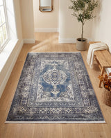 Alfombra de outlet con estampado digital, azul y blanca, con diseño clásico de medallón, 80x150 cm