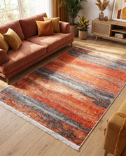 Outlet Dijital Baskı Halı Turuncu - Gri Soyut Desenli 200x300 cm - oda içinde görünüm (AI destekli görsel, gerçek ürün deseni) [mockup:15410601361722]