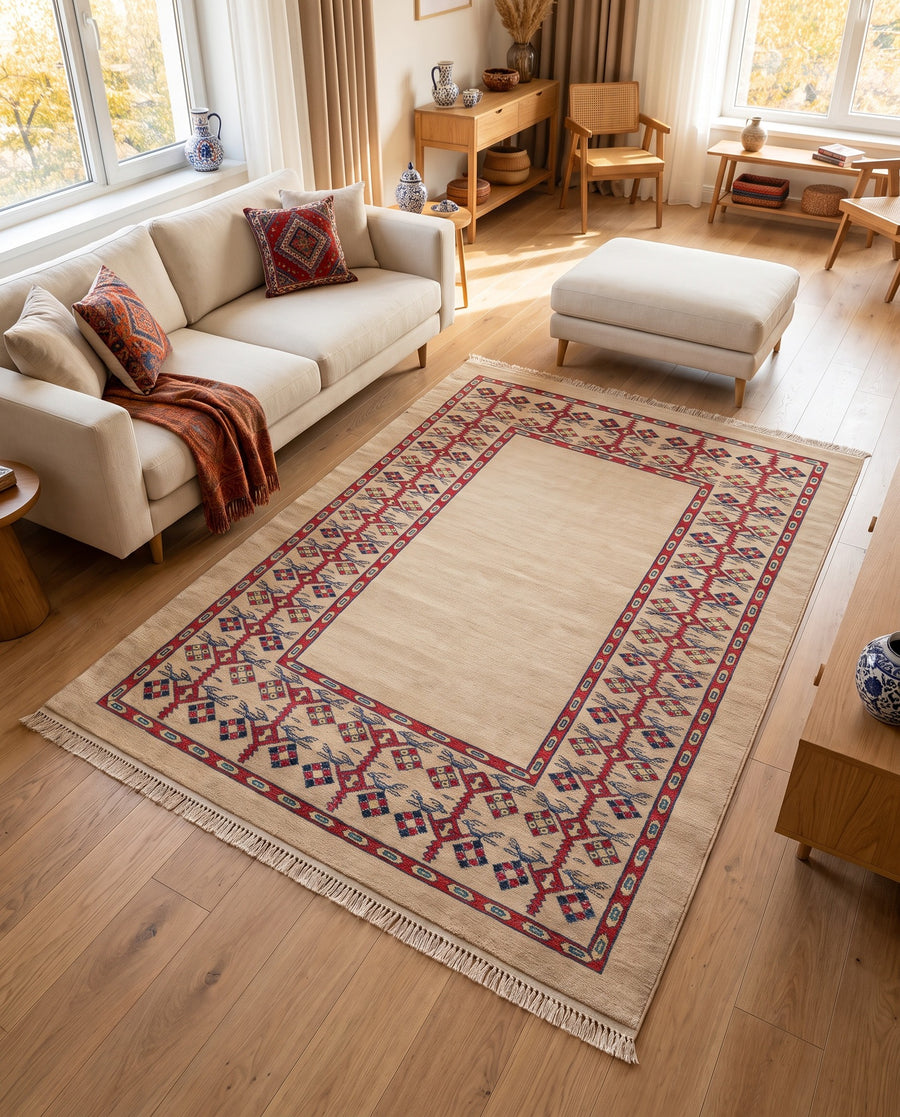 Outlet Dijital Baskı Halı Bej Etnik Bordürlü 170x330 cm - oda içinde görünüm (AI destekli görsel, gerçek ürün deseni) [mockup:15410603196730]