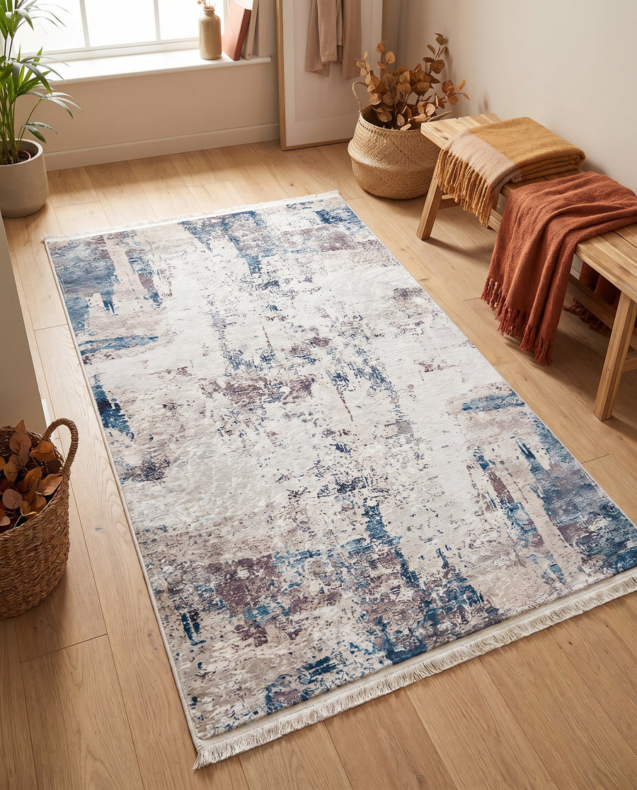 Outlet Dijital Baskı Halı Beyaz - Mavi Soyut Desenli 80x150 cm - oda içinde görünüm (AI destekli görsel, gerçek ürün deseni) [mockup:15410603753786]