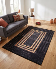 Outlet Dijital Baskı Halı Altın - Siyah Geometrik Desenli 180x180 cm - oda içinde görünüm (AI destekli görsel, gerçek ürün deseni) [mockup:15410604310842]