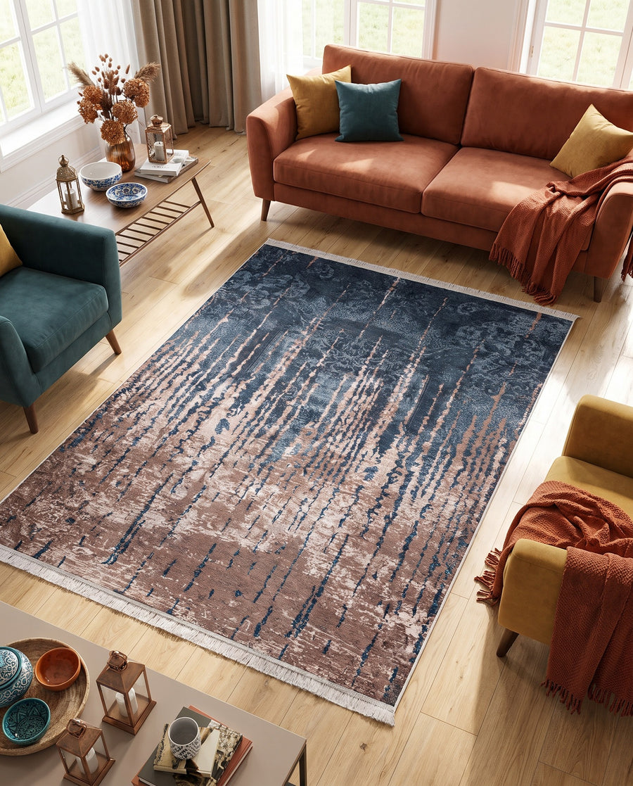 Outlet Dijital Baskı Halı Lacivert Soyut Desenli 200x250 cm - oda içinde görünüm (AI destekli görsel, gerçek ürün deseni) [mockup:15410604376378]