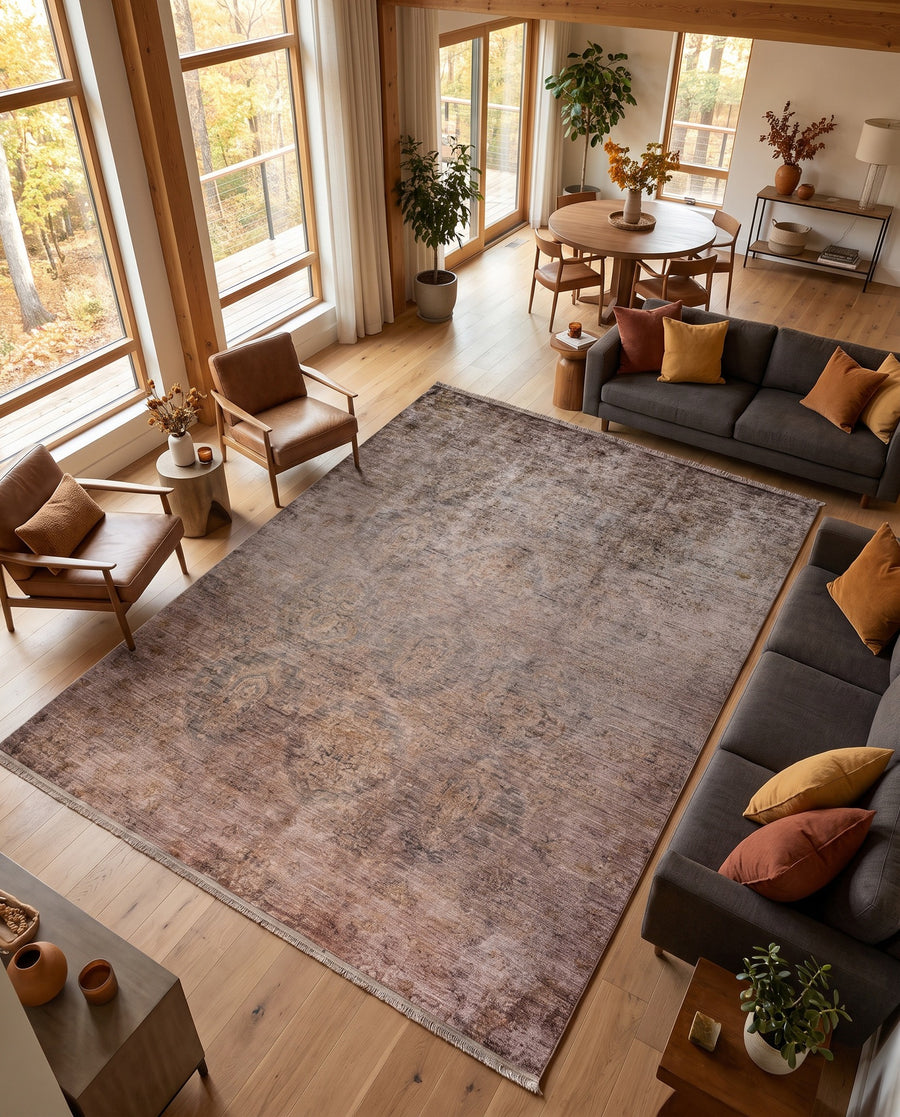 Outlet Dijital Baskı Halı Eskitme Vintage Desenli Bej - Kahverengi 300x400 cm - oda içinde görünüm (AI destekli görsel, gerçek ürün deseni) [mockup:15410604572986]