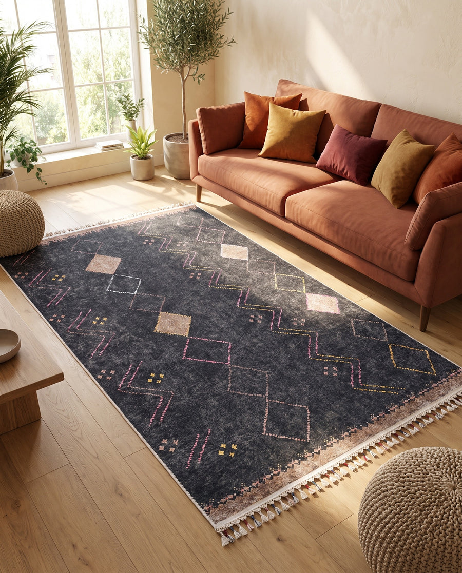 Outlet Dijital Baskı Halı Lacivert - Bej Geometrik Desenli 115x300 cm - oda içinde görünüm (AI destekli görsel, gerçek ürün deseni) [mockup:15410605818170]