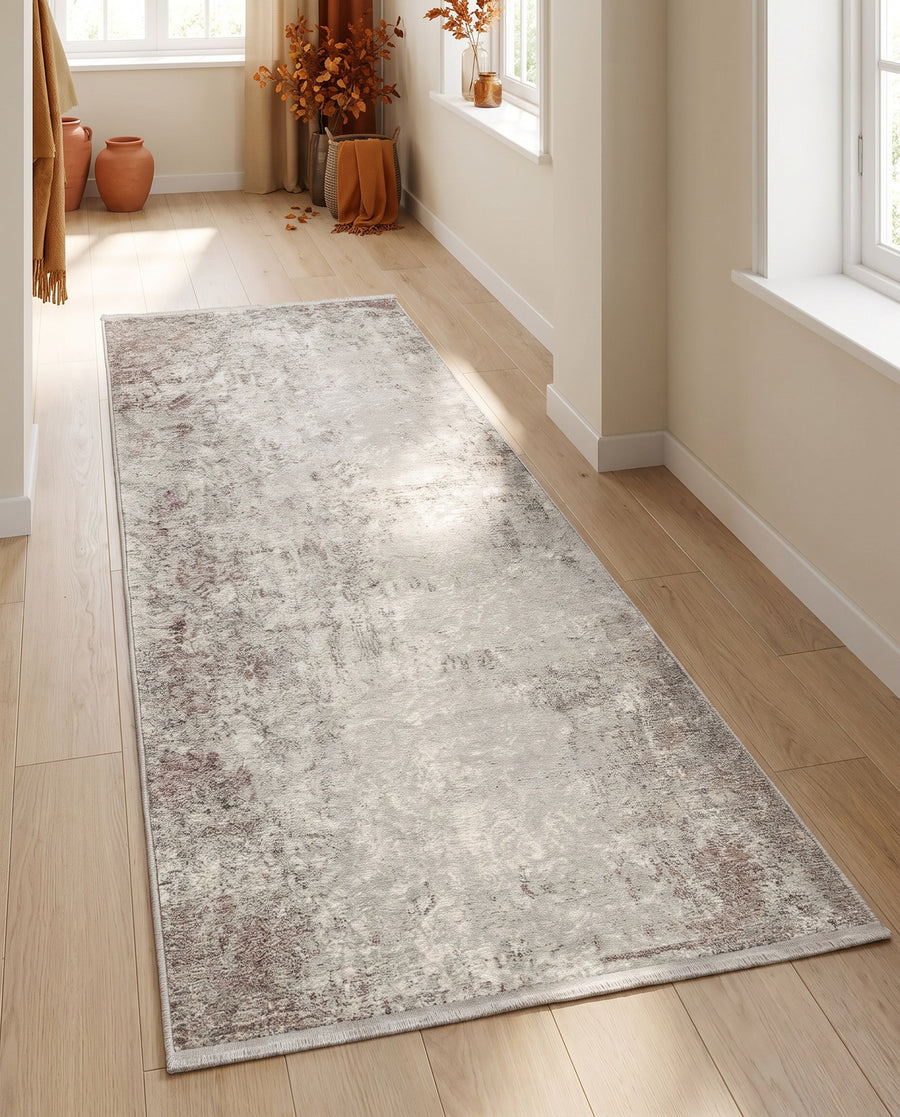 Outlet Dijital Baskı Halı Gri - Beyaz Polipropilen 80x300 cm - oda içinde görünüm (AI destekli görsel, gerçek ürün deseni) [mockup:15410606047546]