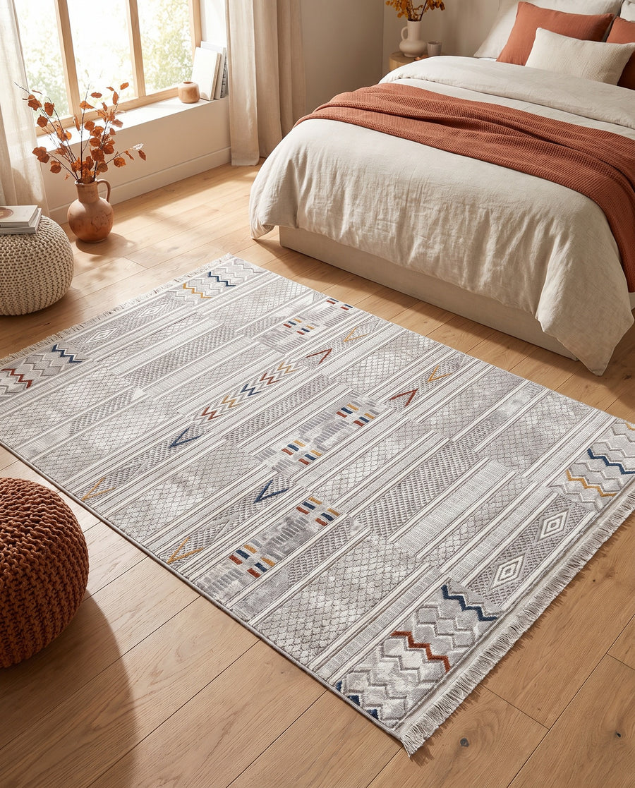 Outlet Dijital Baskı Halı Modern Geometrik Gri - Beyaz 120x200 cm - oda içinde görünüm (AI destekli görsel, gerçek ürün deseni) [mockup:15410606571834]
