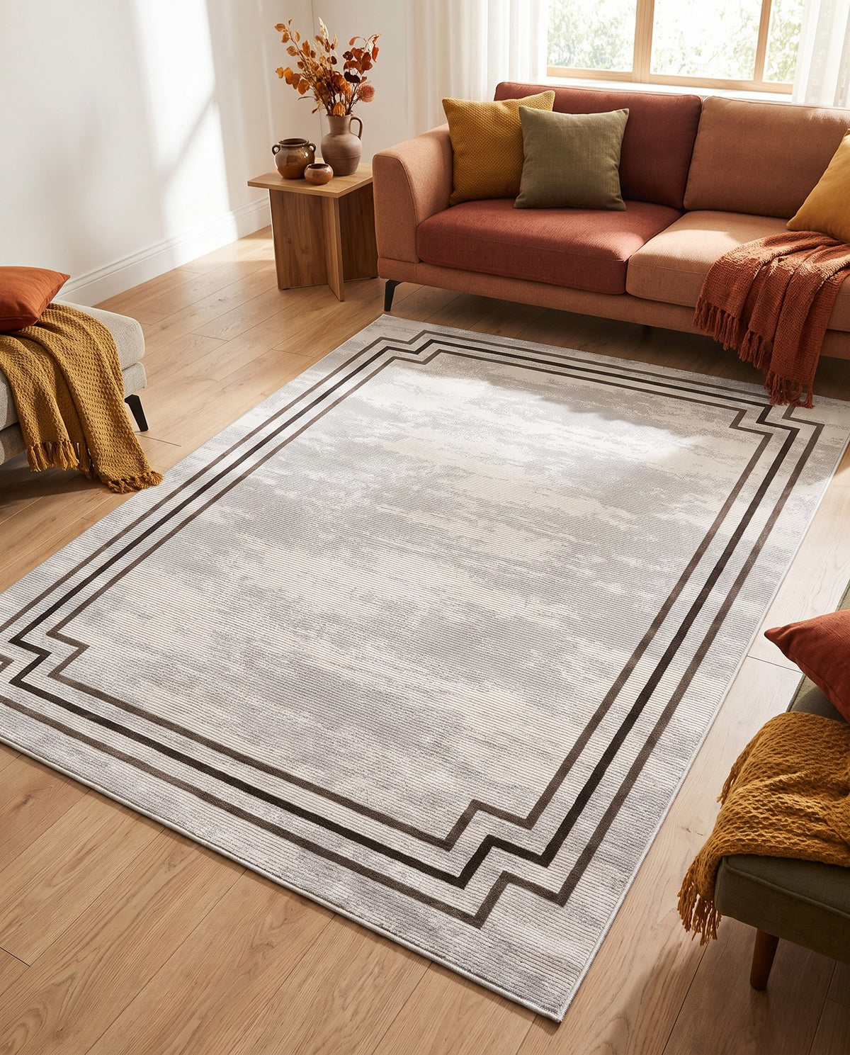 Outlet Dijital Baskı Halı Krem - Gri Geometrik Desenli 200x250 cm - oda içinde görünüm (AI destekli görsel, gerçek ürün deseni) [mockup:15410606899514]