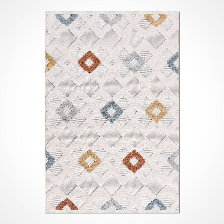 Gri Krem Dokulu Geometrik Triko Halı - Pati Dostu - Toz Vermez