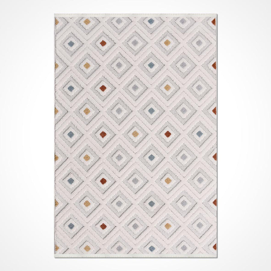 Krem Renkli Baklava Desenli Geometrik Triko Halı - Pati Dostu - Toz Vermez