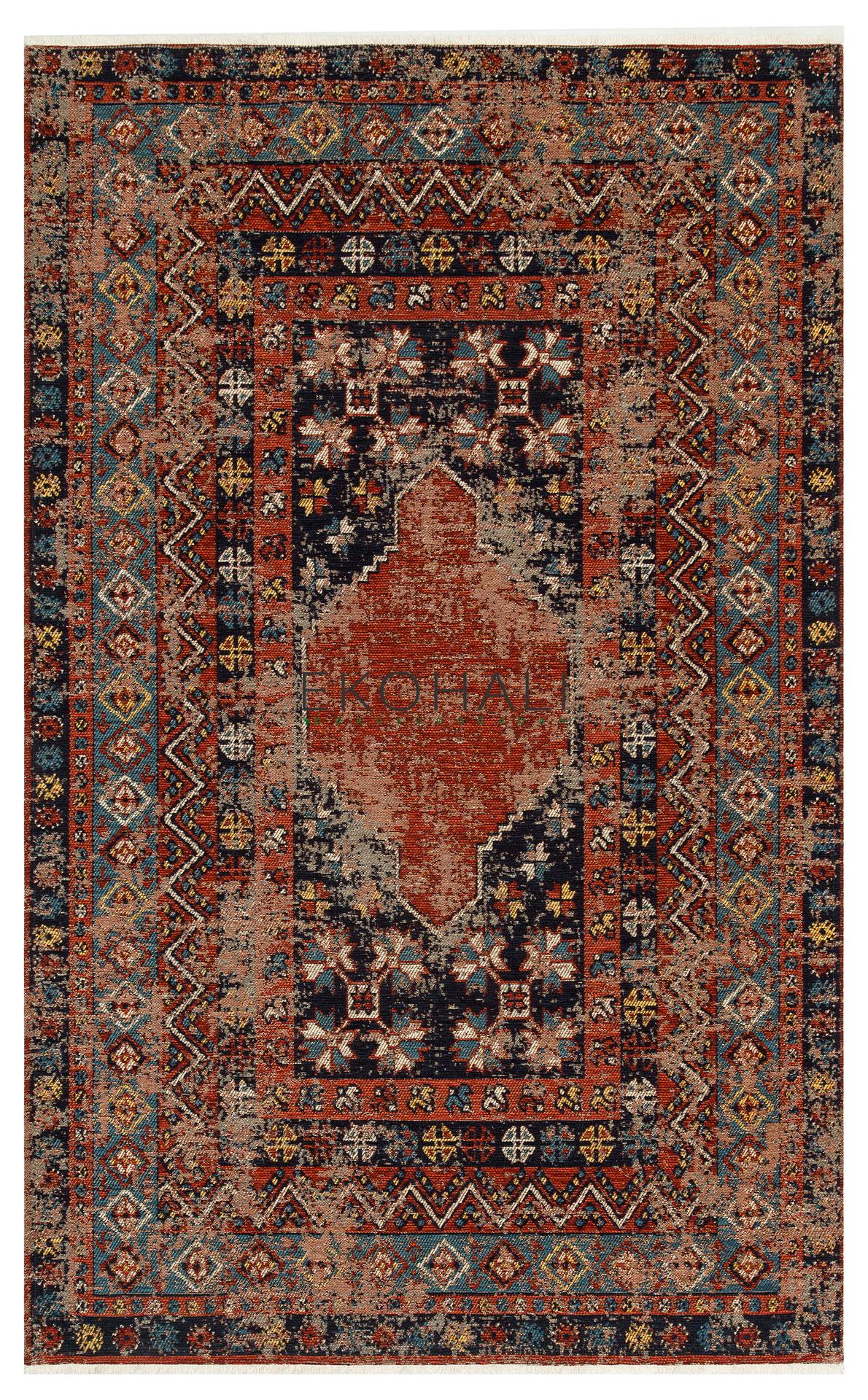 Ludor Kırmızı Lacivert Etnik Desenli Eskitme Görünümlü Kilim