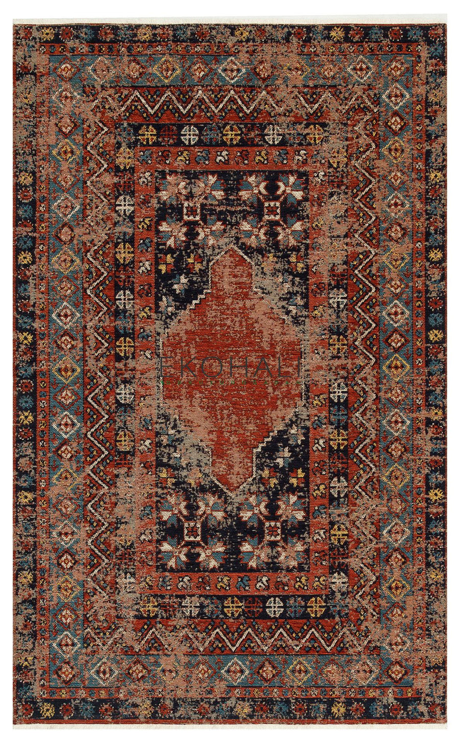 Ludor Kırmızı Lacivert Etnik Desenli Eskitme Görünümlü Kilim