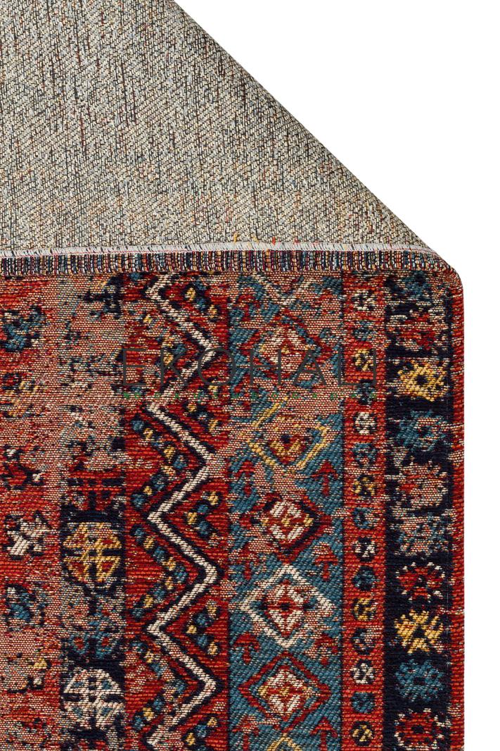 Ludor Kırmızı Lacivert Etnik Desenli Eskitme Görünümlü Kilim – genel görünüm