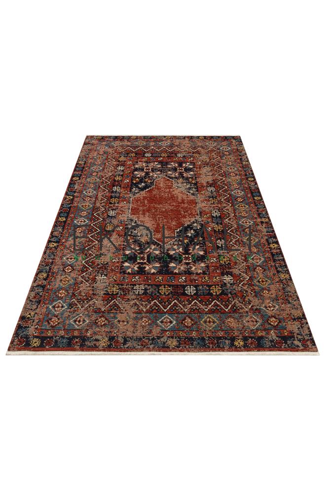 Ludor Kırmızı Lacivert Etnik Desenli Eskitme Görünümlü Kilim – mekânda kullanım