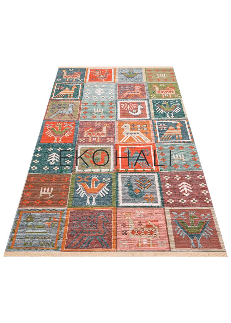Lerva Çok Renkli Etnik Geometrik Yıkanabilir Kilim – kenar detayı