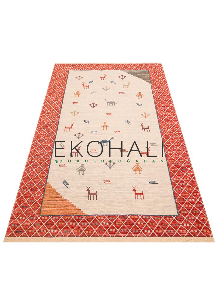 Ludor Kırmızı Lacivert Etnik Desenli Eskitme Görünümlü Kilim – kenar detayı