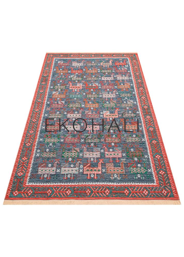 Lerva Çok Renkli Hayvan Figürlü Etnik Pamuk Kilim – kenar detayı