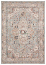 Pimbo Blau Beige Medaillon Muster Klassischer Teppich
